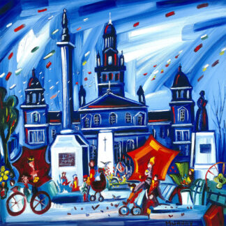 A vibrant, expressionist painting depicting a lively street scene with buildings, people, and bicycles under a dynamic blue sky. By Raymond Murray
